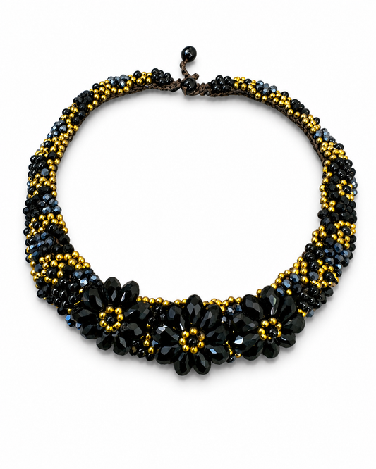 Collana Ricamata con Perline Nero & Oro e Fiori in Cristallo