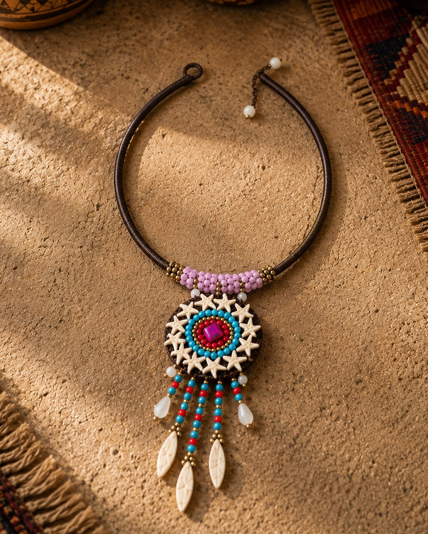 Dettaglio collana etnica con perline turchesi, rosse e ciondolo centrale