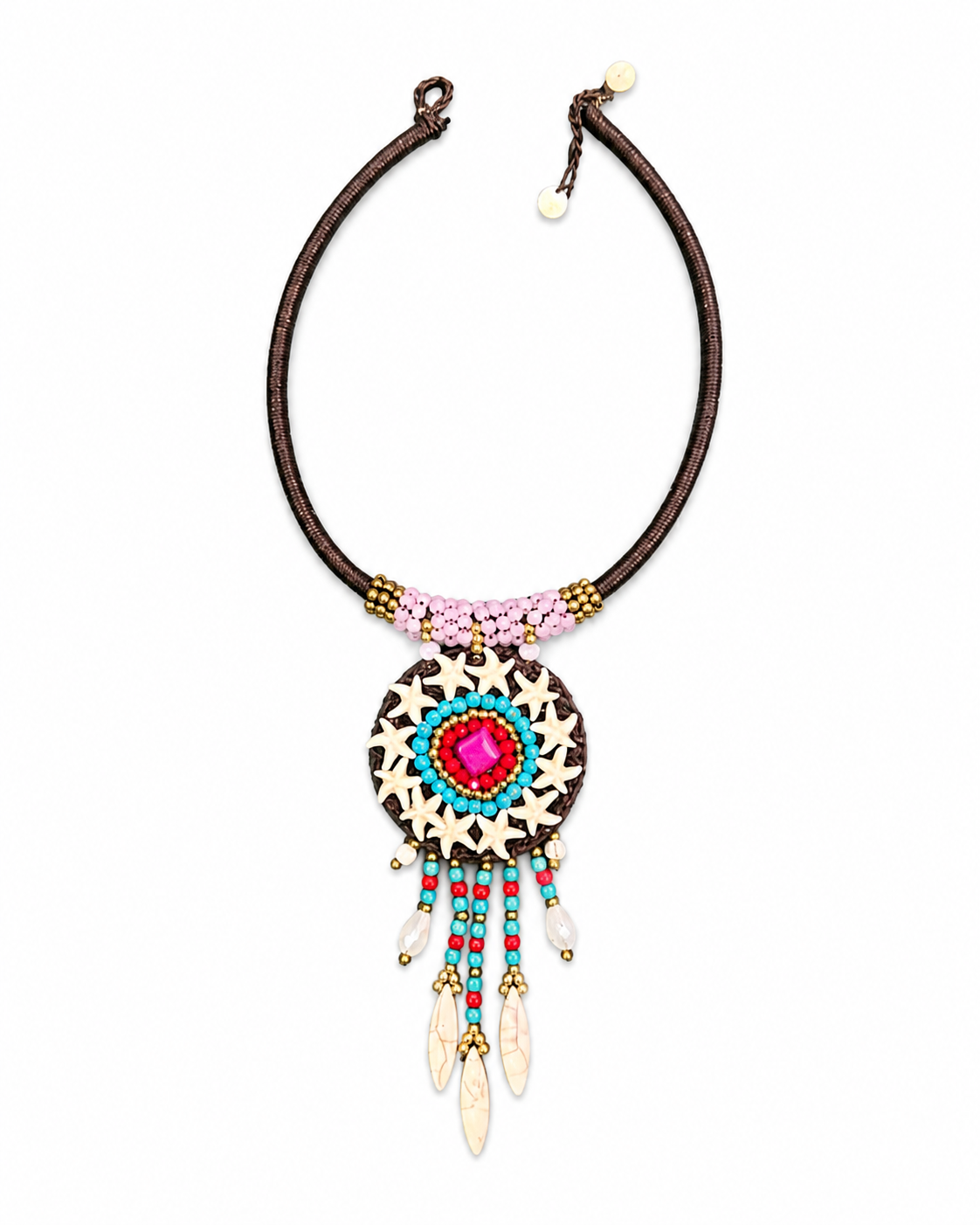collana etnica con perline turchesi, rosse e ciondolo centrale
