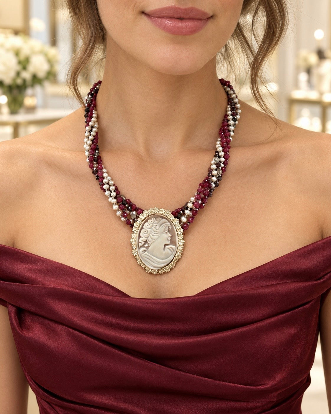     Collana con cammeo in argento 925, perle naturali e radice di rubino indossata su abito in satin borgogna