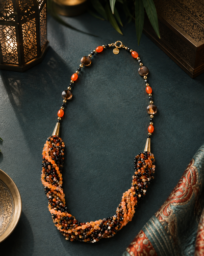 Collana multifilo lunga in pietre naturali Corniola e Agata Brasiliana