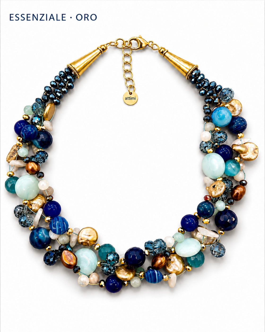 Collana intrecciata blu Essenziale a 6 fili con pietre, perle e cristalli, finitura oro.