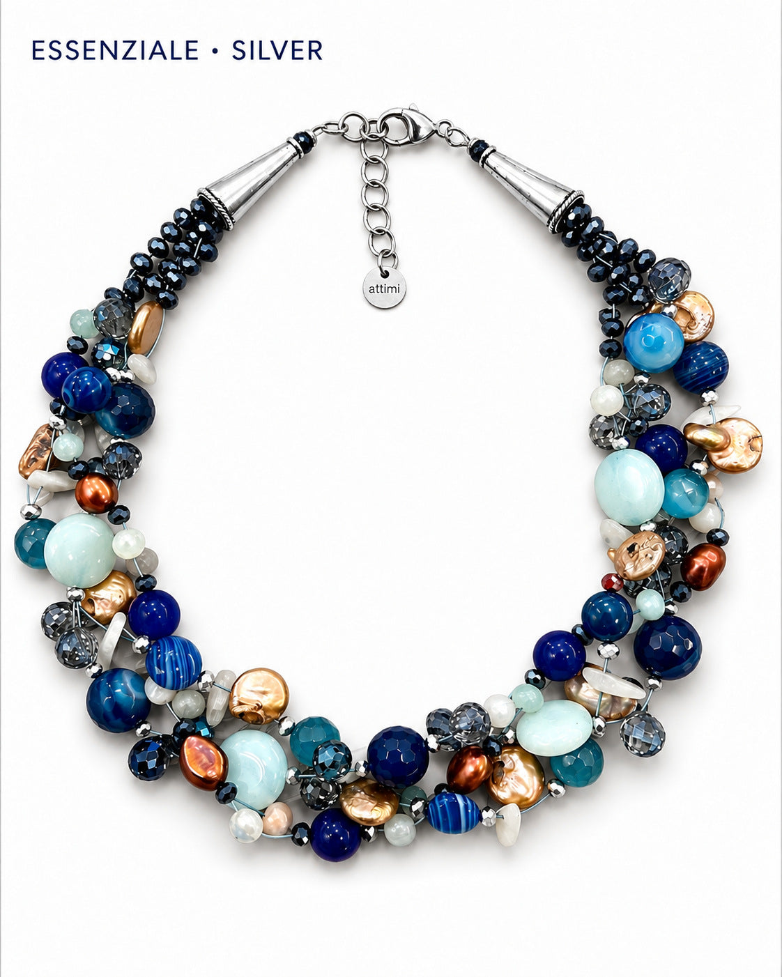Collana intrecciata blu Essenziale a 6 fili con pietre, perle e cristalli, finitura silver.