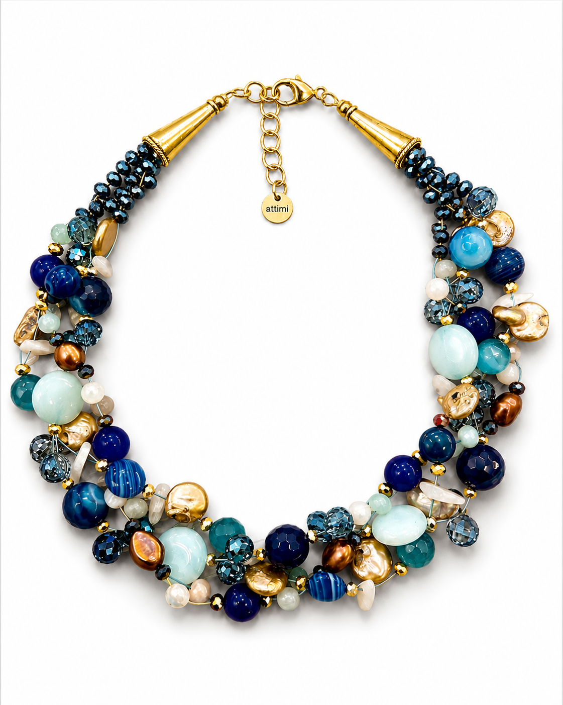 Collana intrecciata Blu con cristalli e pietre naturali, finiture in acciaio dorato.