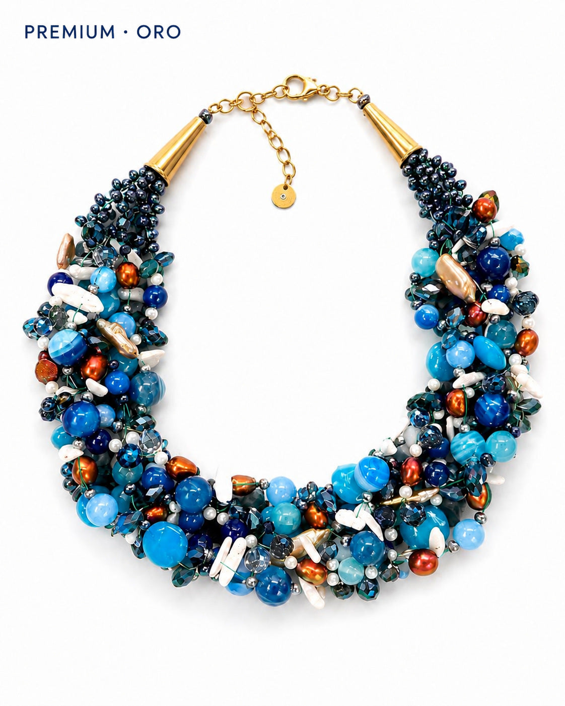 Collana intrecciata blu Premium luxury a 12 fili con pietre, perle e cristalli, finitura oro.