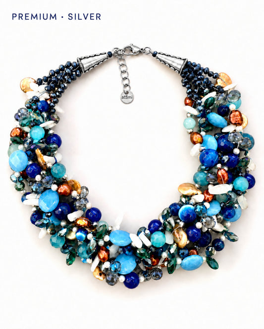 Collana intrecciata blu Premium luxury a 12 fili con pietre, perle e cristalli, finitura silver.
