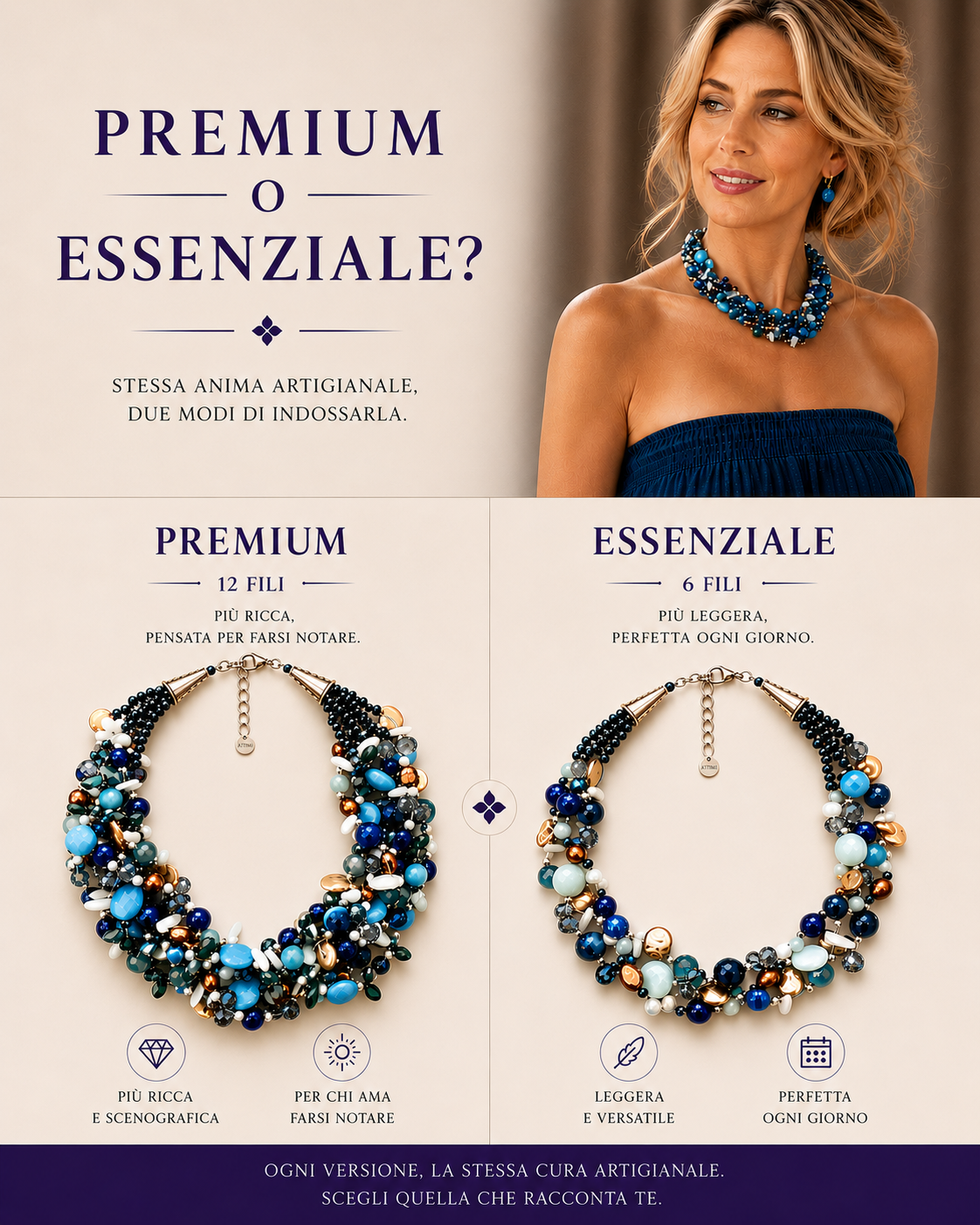 Collana intrecciata blu Premium e Essenziale a confronto – Attimi Gioielli.