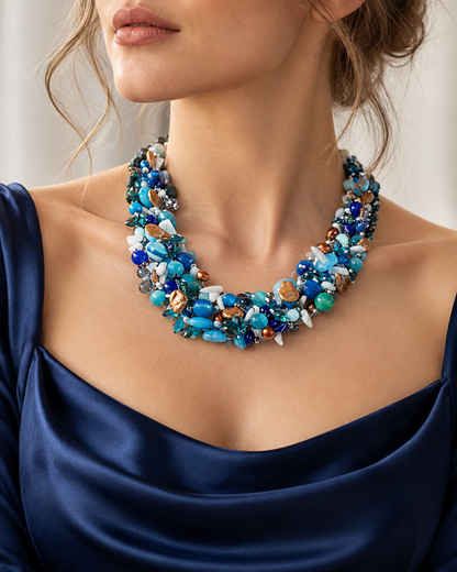 Modella con abito blu elegante indossa una collana intrecciata multifilo nei toni del blu e del turchese.