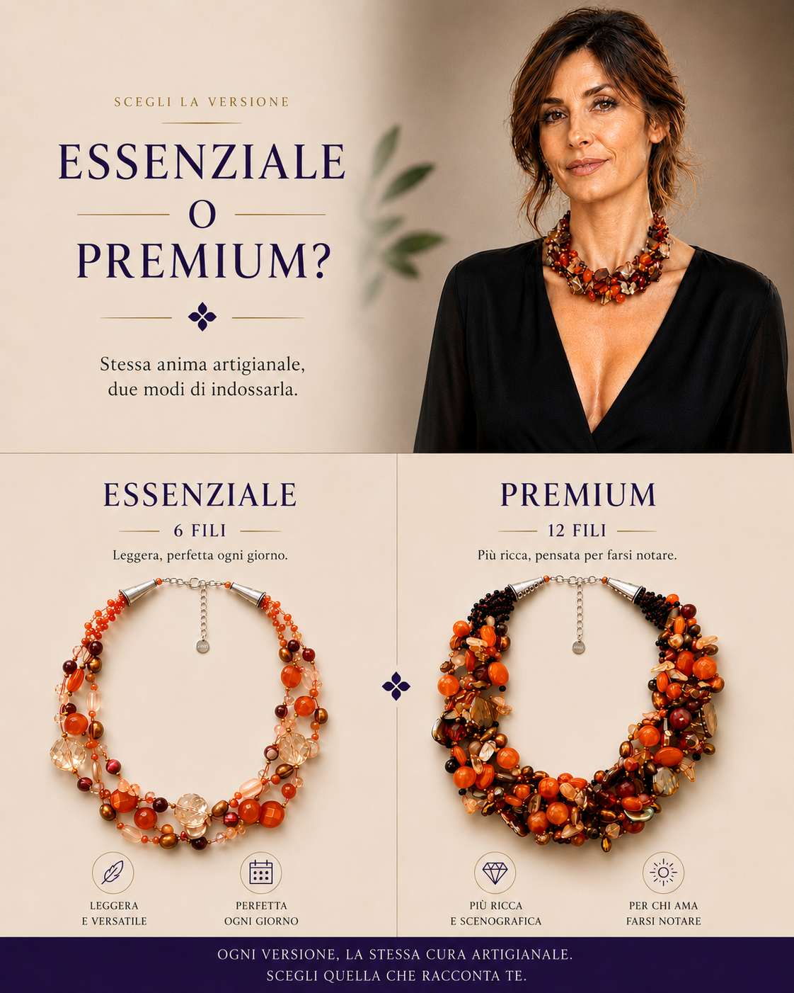 Confronto tra la collana intrecciata Essenziale a 6 fili e la collana intrecciata Premium a 12 fili, entrambe realizzate a mano con pietre dure naturali, perle e cristalli.