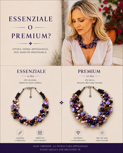 Confronto tra la collana intrecciata Essenziale da 6 fili e la collana intrecciata Premium da 12 fili, realizzate a mano con pietre naturali e finiture in acciaio, indossate e fotografate per mostrare la differenza di volume.