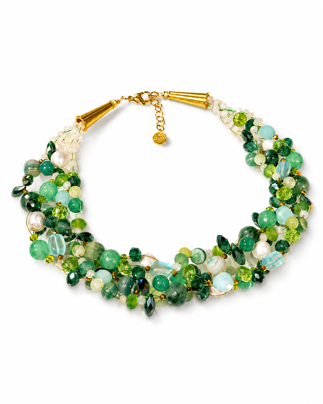 Collana Intrecciata Iconica a 8 fili verde menta con pietre naturali, cristalli, perle e finiture in acciaio dorato, realizzata a mano.