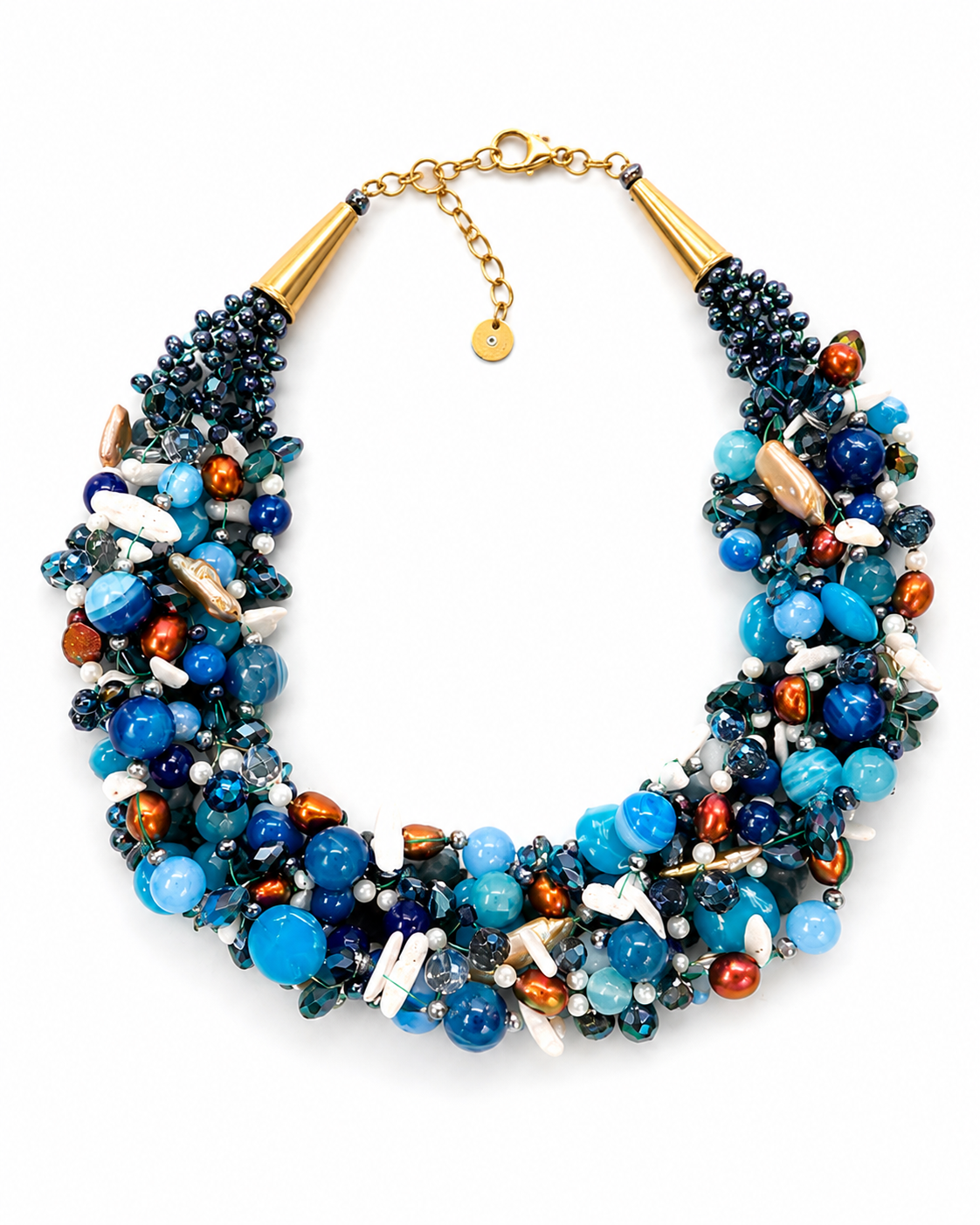 Collana Intrecciata Blu con Pietre Naturali Perle e Cristalli