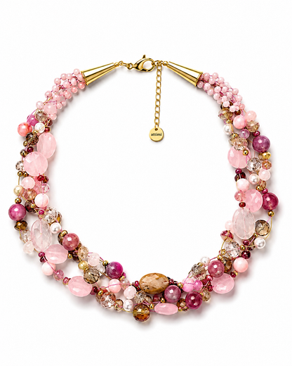 Collana intrecciata artigianale con Quarzo Rosa e pietre naturali color melograno finitura chiusura oro