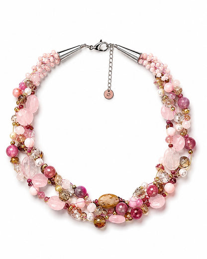 Collana intrecciata artigianale con Quarzo Rosa e pietre naturali color melograno.