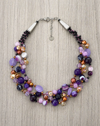 Collana Intrecciata Viola con Pietre naturali Perle e Cristalli