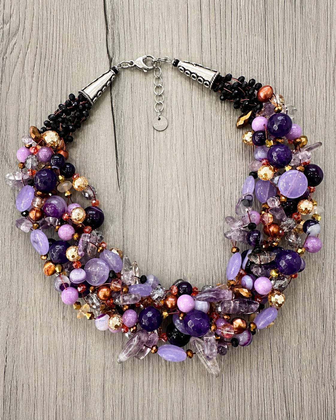 Collana Intrecciata Viola con Pietre naturali Perle e Cristalli