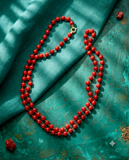 Collana lunga con Perle di Maiorca rosse ed ematite dorata fotografata su sfondo verde naturale.