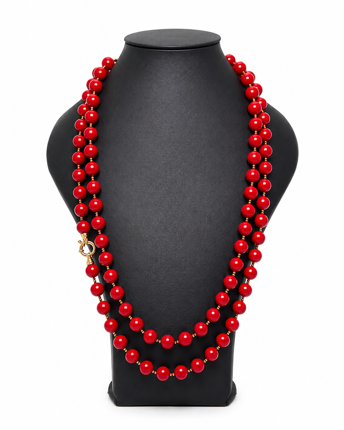 Collana lunga con Perle di Maiorca rosse, ematite dorata e chiusura in argento 925 dorato, indossabile lunga, a due o tre giri.