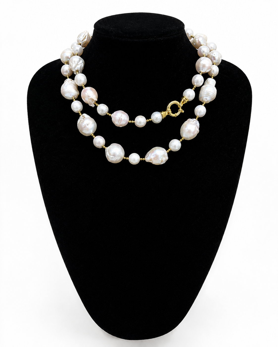 Collana lunga in perle naturali barocche con ematite dorata e chiusura in Argento 925 dorato. 2 giri