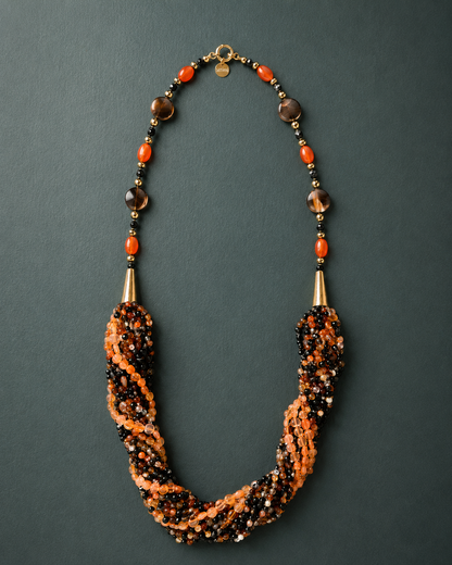 Collana multifilo in Corniola, Agata Brasiliana, Madreperla ed Ematite dorata