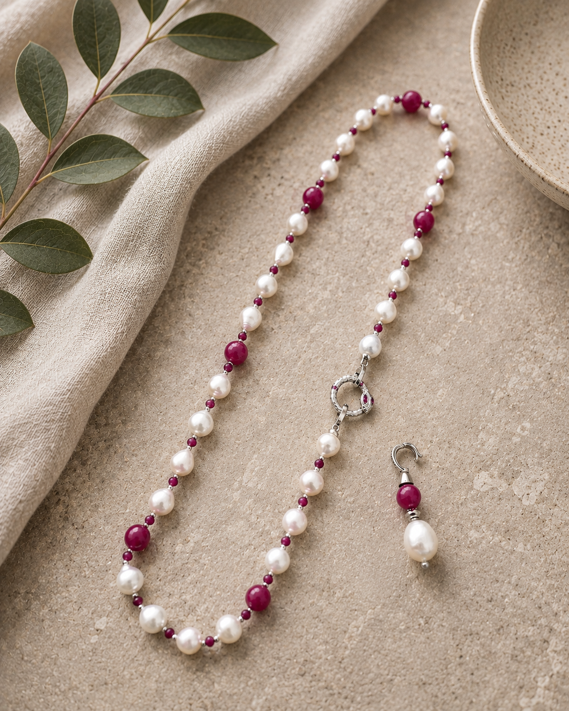 Collana trasformabile con perle bianche e pietre color rubino su fondo neutro, con chiusura in argento decorativa e pendente removibile, indossabile in stile lariat o girocollo elegante.