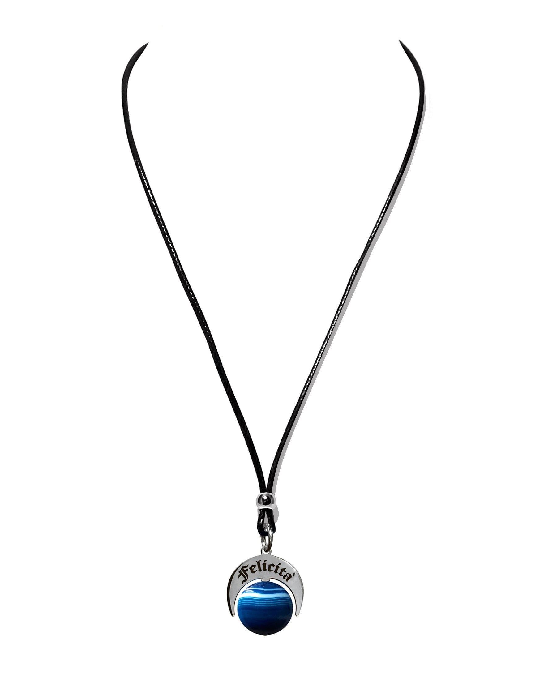 Collana con talismano Felicità in Argento 925 e Agata Brasiliana Blu Striata con cordino regolabile.