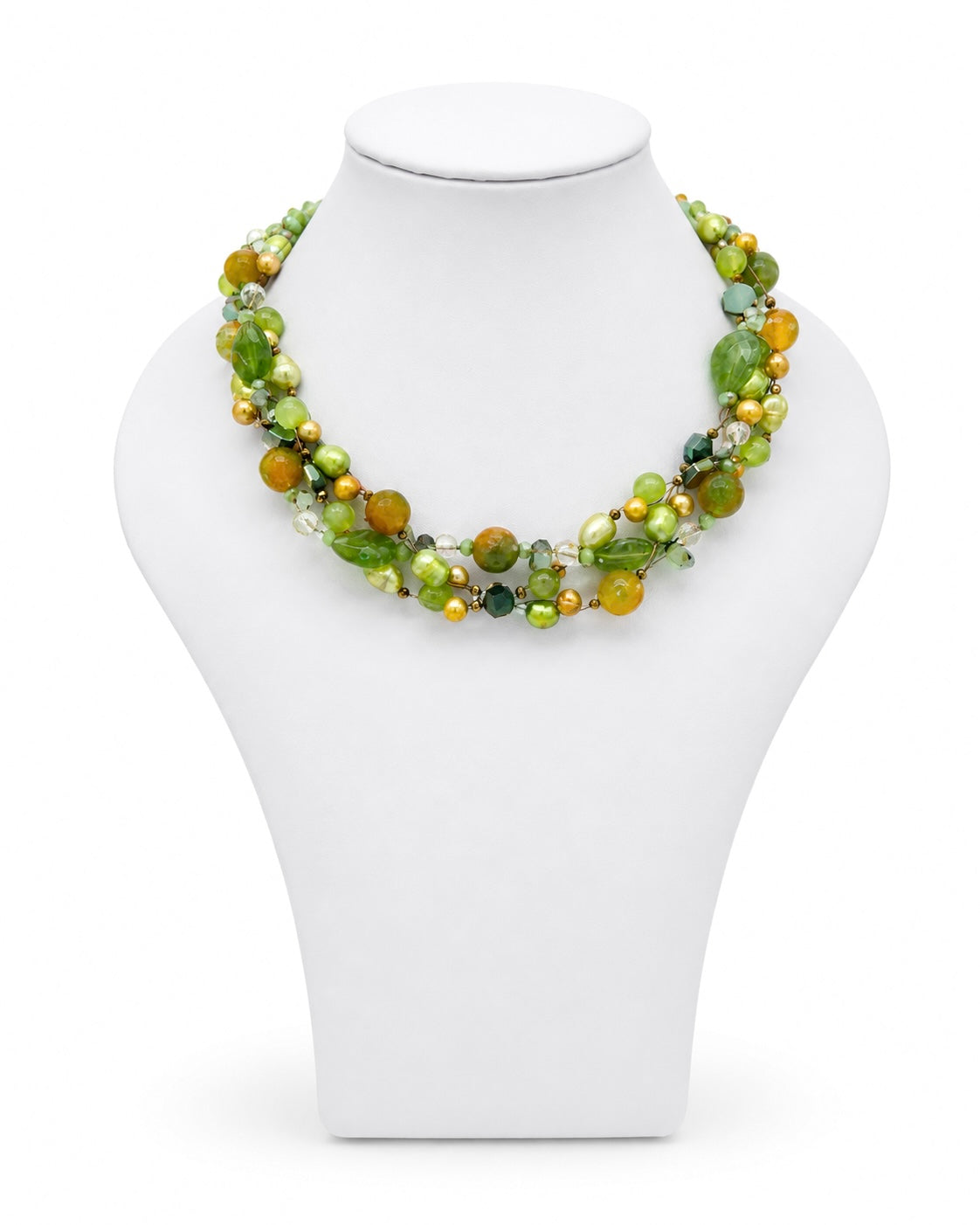 Collana Intrecciata Versione Essenziale realizzata a mano con agata, giada, ematite e perle naturali nei toni del verde lime.