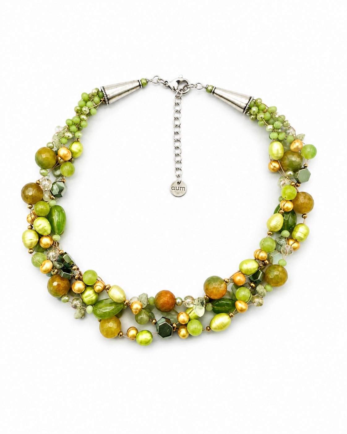 Collana Intrecciata Versione Essenziale con agata, giada, ematite e perle naturali verde lime, realizzata a mano.