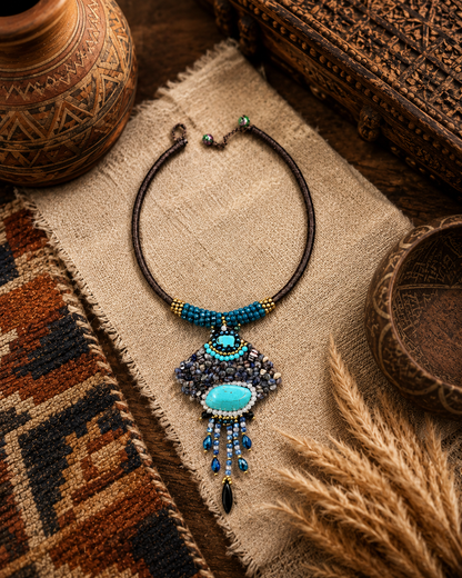 Collana etnica boho con turchese e pietre naturali ambientata su sfondo artigianale dai toni caldi.