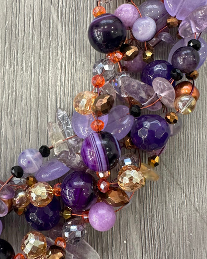 Collana Intrecciata Viola con Pietre naturali Perle e Cristalli