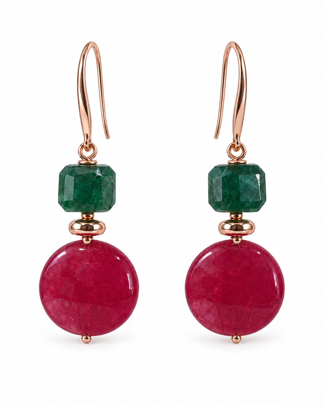 Orecchini artigianali in Argento 925 con giada rossa, tormalina verde ed ematite rosata su fondo bianco