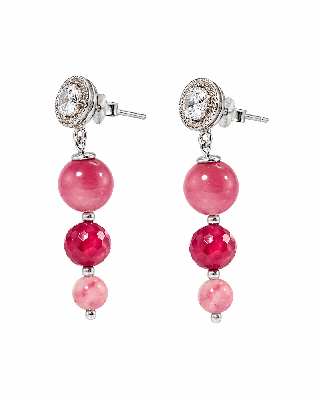 Orecchini pendenti in argento 925 rodiato con Giada Rosa e Agata Fucsia sfaccettata.