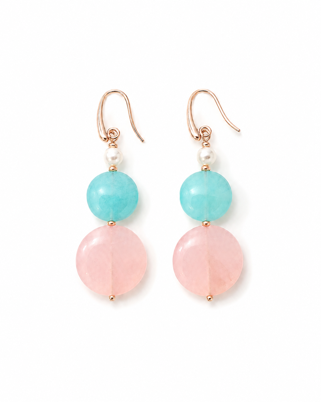Orecchini pendenti in Argento 925 rosato con Giada verde, giada rosa, Ematite rosata e Perla Maiorca.