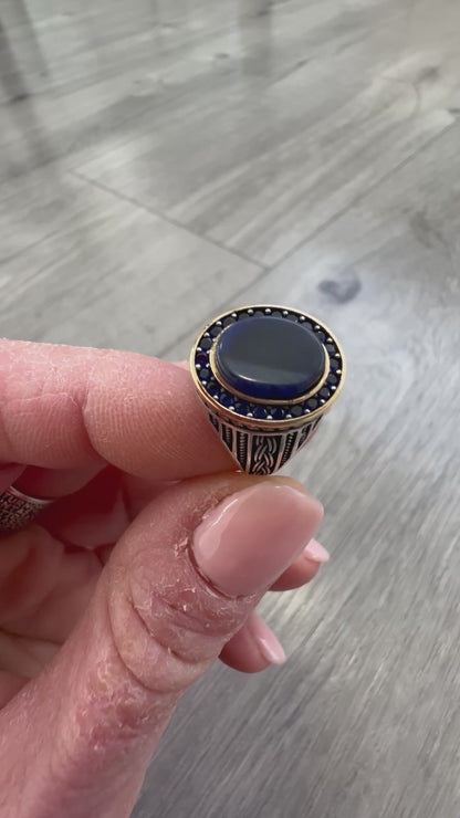 Anello Chevalier Ovale Turco in Argento 925 con Onice Nero e Zirconi