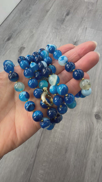 Collana di Agata Blu Striata, con chiusura in Argento dorato