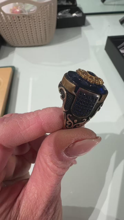 Anello Ottomano in Argento 925 con Pietra Blu Intensa