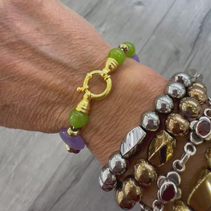 Bracciale in Argento con Giada Verde e Viola, Tormalina e Ematite Dorata