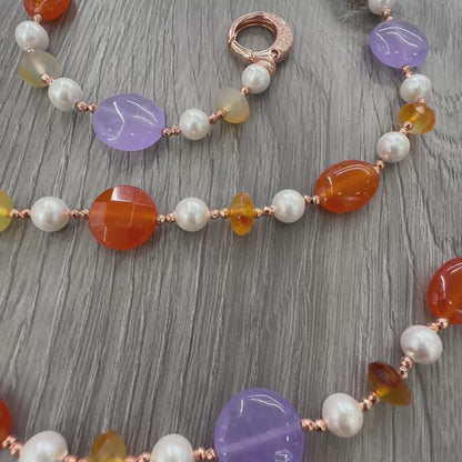 Collana in Giada Viola, Giada Arancio e Corniola con Perle ed Ematite Rosata