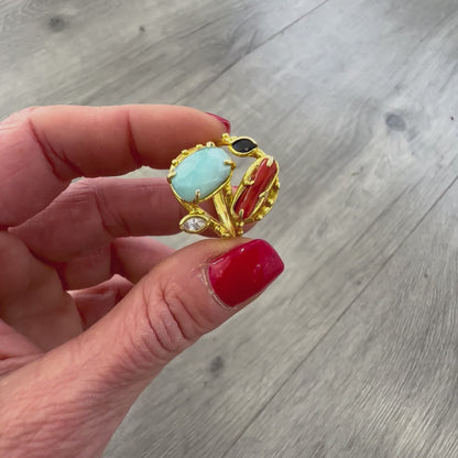 Anello Argento 925 Corallo e Larimar