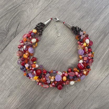 Collana Intrecciata Arancio e Viola con Pietre naturali e Perle