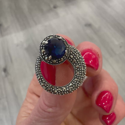 Orecchini Vintage in Argento 925 con Zircone Blu e Marcassite