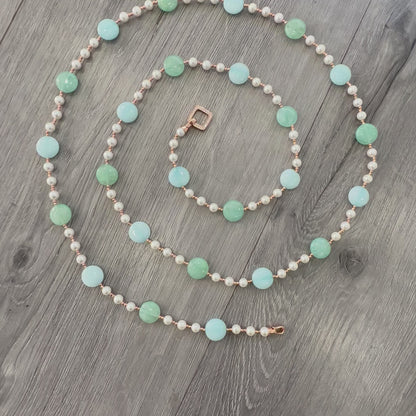 Collana in Argento Rosato con Perle, Giada Verde e Azzurra e Marcasite Rosa