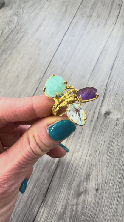 Anello Larimar, Ametista e Topazio in Argento 925 placcato oro
