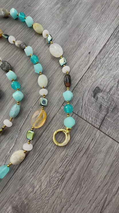 Collana in Amazzonite, Quarzo Citrino, Ematite e Argento Dorato