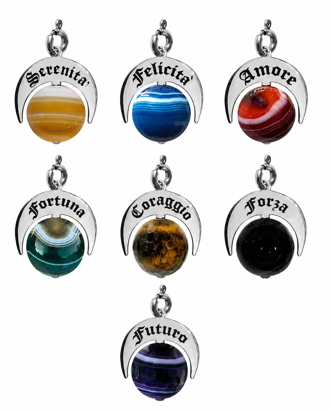 Charm Talismani Naja in argento con pietre naturali colorate, collezione completa da 7 pendenti simbolici con parole Serenità, Felicità, Amore, Fortuna, Coraggio, Forza e Futuro