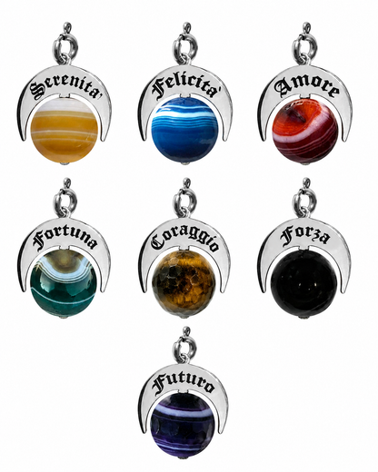 Charm Talismani Naja in argento con pietre naturali colorate, collezione completa da 7 pendenti simbolici con parole Serenità, Felicità, Amore, Fortuna, Coraggio, Forza e Futuro