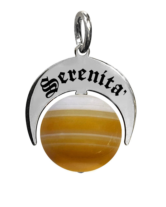 Talismano artigianale in Argento 925 inciso e smaltato con Agata Brasiliana Gialla Striata naturale.