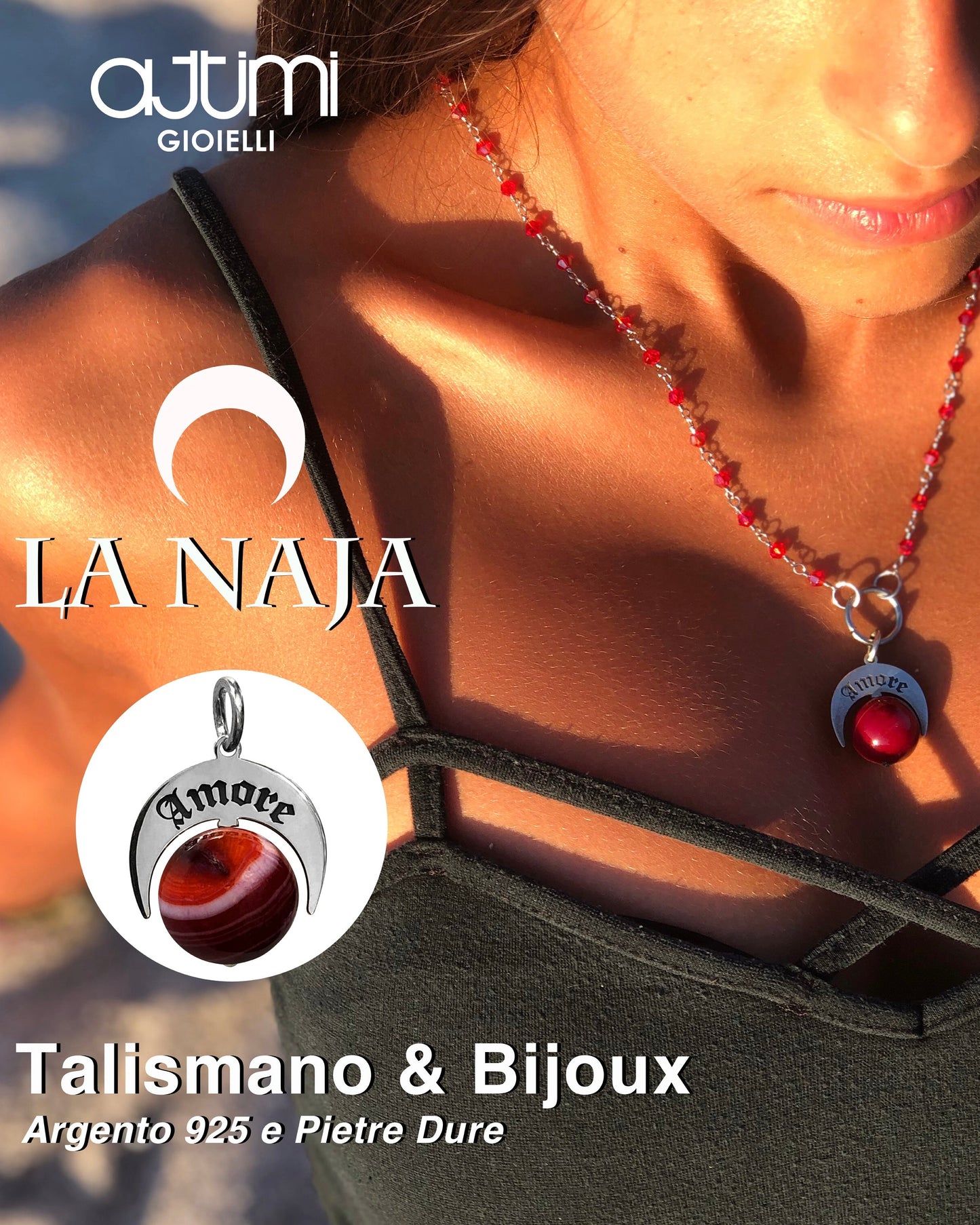 Talismano artigianale in Argento 925 e Agata Brasiliana Rossa Striata indossato 