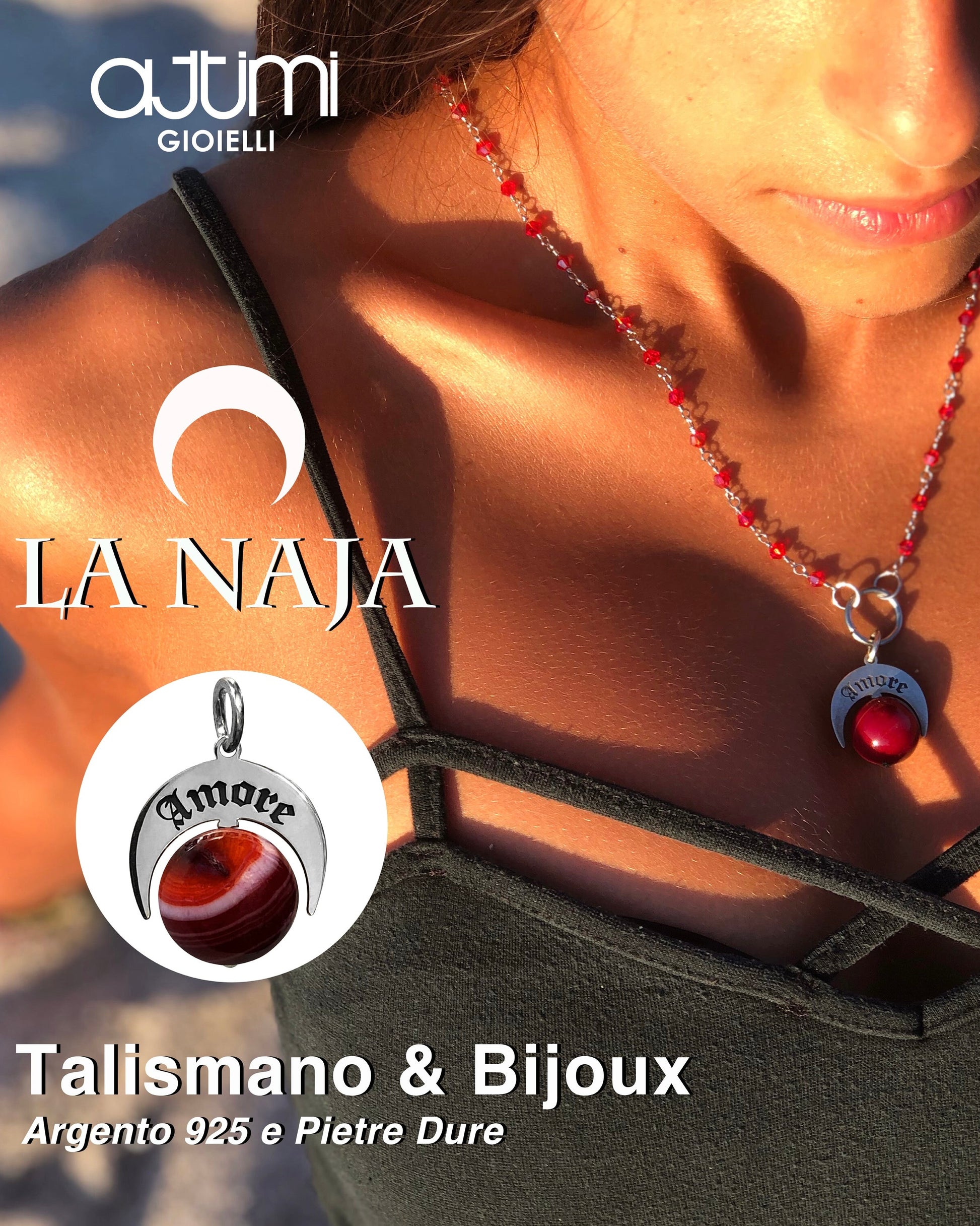 Talismano artigianale in Argento 925 e Agata Brasiliana Rossa Striata indossato 