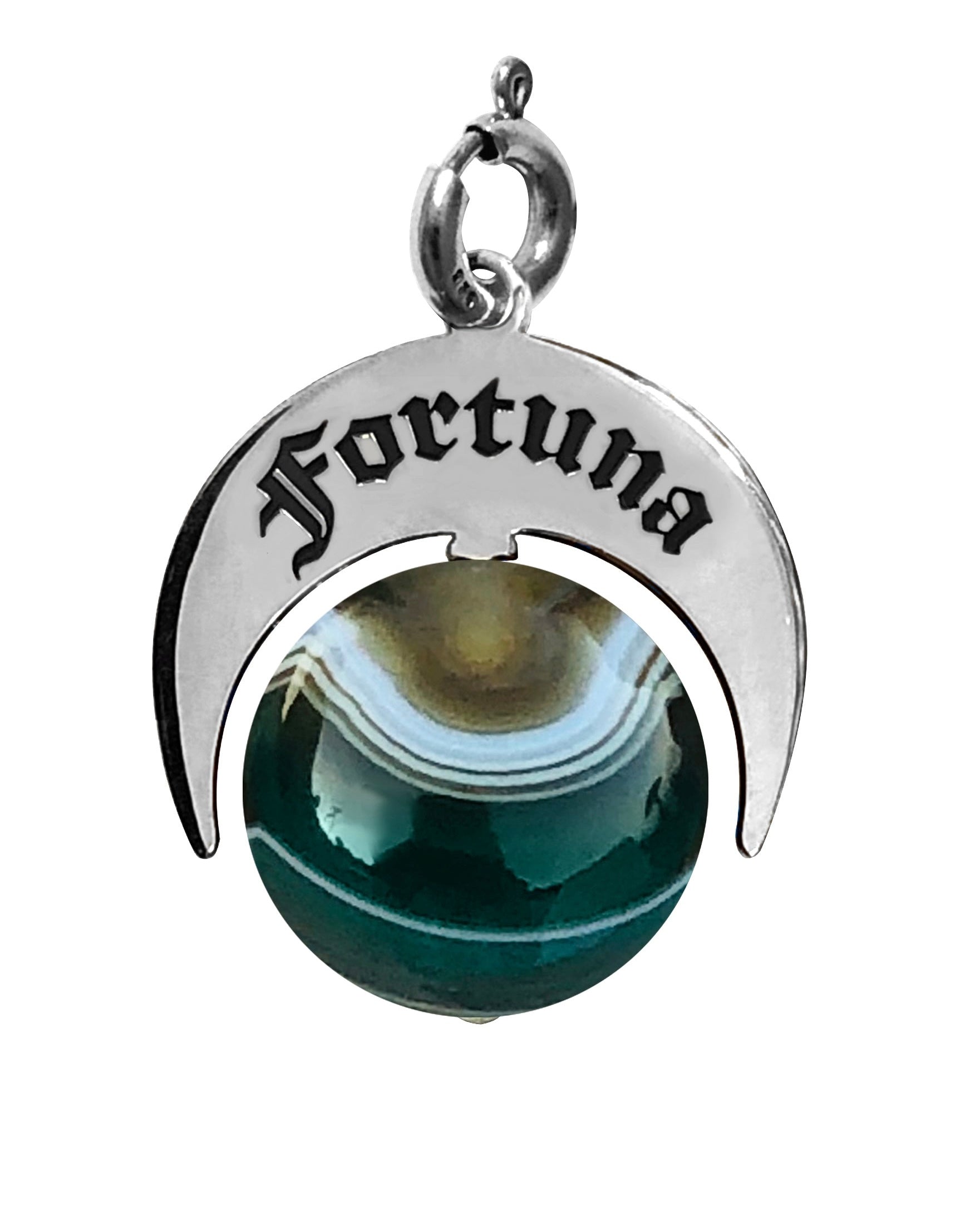 Charm Talismano Naja Fortuna in argento 925 con pietra Agata brasiliana naturale verde striata